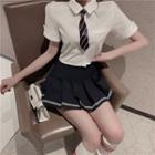 Short-sleeve Shirt / Striped Neck Tie / Pleated A-line Skirt / Set