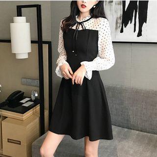 Long-sleeve Heart Print Chiffon Panel A-line Dress