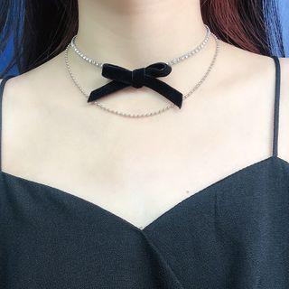 Bow Layered Necklace Silver & Black - One Size