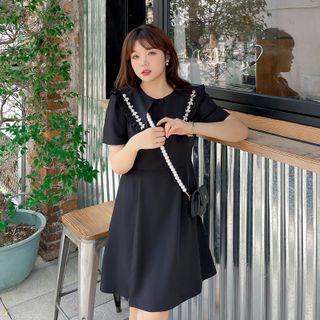 Short-sleeve Rhinestone Collared A-line Dress
