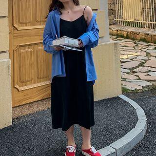 Spaghetti Strap Side-slit Midi Shift Dress