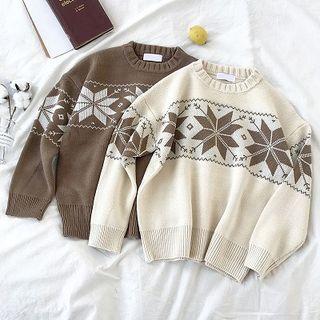 Color-block Snow-flower Printed Crewneck Long-sleeve Sweater