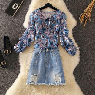 Set: Long-sleeve Floral Print Dress + Denim Skirt