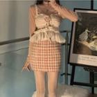 Mock-neck Long-sleeve Top / Camisole Top / Plaid A-line Skirt