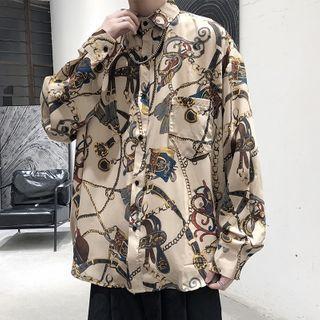 Retro Print Pocket-front Long-sleeve Shirt