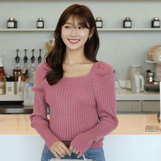 Square-neck Puff-shoulder Knit Top
