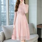 Long-sleeve Band Collar A-line Lace Dress