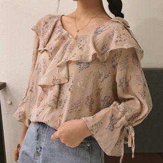 Floral Print Ruffle Trim 3/4 Sleeve Blouse