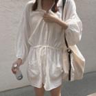 Long-sleeve Drawstring Mini Shirt Dress White - One Size