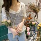 Set: Elbow-sleeve Top + Floral Camisole Top Set - Top - White - One Size / Camisole Top - Floral - One Size