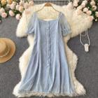 Short-sleeve Square Neck Mesh Midi A-line Dress Blue - One Size