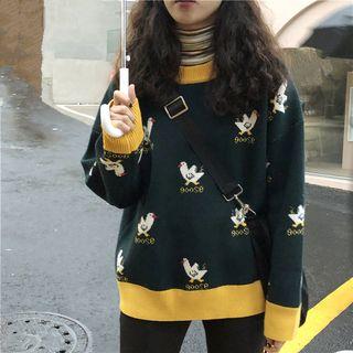 Contrast-trim Goose Patterned Sweater Green - One Size
