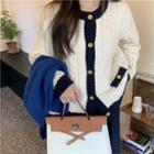 Long-sleeve Contrast Trim Cable Knit Cardigan Almond - One Size