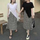 Short-sleeve Slit T-shirt / Checkerboard Midi A-line Skirt