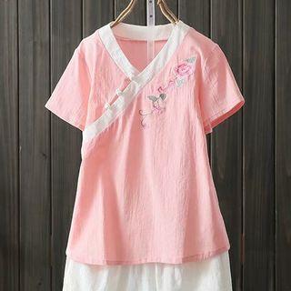Floral Embroidered Short-sleeve Frog Buttoned Top