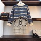 Set: Mock Neck Stripe Sweater + Plaid A-line Skirt