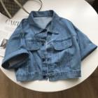 Set: Short-sleeve Denim Crop Shirt + Wide Leg Shorts Set - Top - One Size / Shorts - One Size