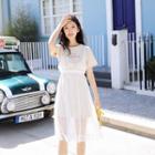 Set: Lettering Short-sleeve Long T-shirt + Lace Panel Strappy Dress