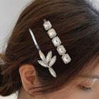 Rhinestone Leaf Hair Pin Set - Silver - One Size