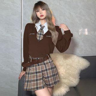 Mock Two-piece Collared Cropped Sweatshirt / Plaid Mini Pleated Skirt / Tie / Set