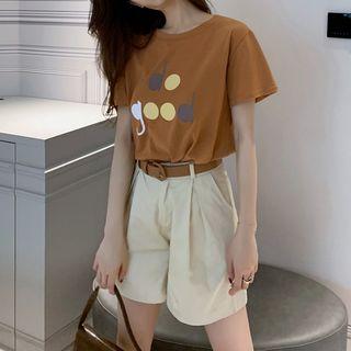 Set: Lettering Short-sleeve T-shirt + High-waist Wide-leg Shorts