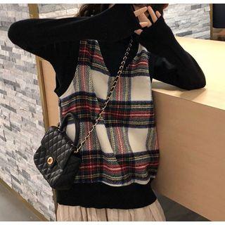 Long Sleeve Turtleneck Top / Plaid V-neck Loose Vest