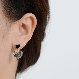 Heart Faux Crystal Dangle Earring 1 Pair - Silver Steel - Gold Trim - Rhinestone - Black - One Size