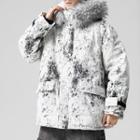 Faux Fur Trim Splatter Print Hooded Zip Jacket