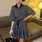 Puff-sleeve Polo Shirt / A-line Skirt
