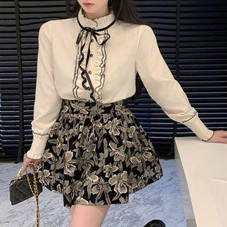 Tie-neck Frill Trim Blouse / High Waist Floral Mini A-line Skort