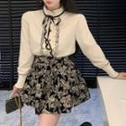 Tie-neck Frill Trim Blouse / High Waist Floral Mini A-line Skort