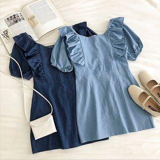 Plain Crewneck Ruffled-trim Short-sleeve Denim Dress