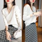 Long-sleeve V-neck Plain Knit Top + High-waist Pattern Skirt