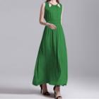 Plain Sleeveless Cutout Shirred Maxi A-line Dress