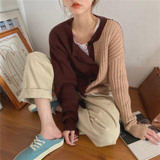 Buttoned Color Block Cardigan Almond & Coffee - One Size