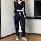 Hooded Long-sleeve Crop Top / Drawstring Wide-leg Pants