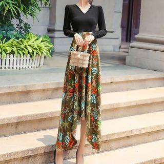 Mock Two-piece Flower Print Long-sleeve Midi Dress