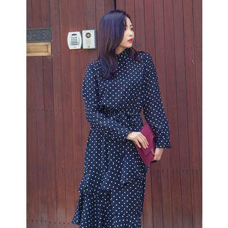 Frilled-trim Dotted Midi Dress With Sash