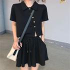 Short-sleeve Asymmetrical Cropped Polo Shirt / Drawstring Skort