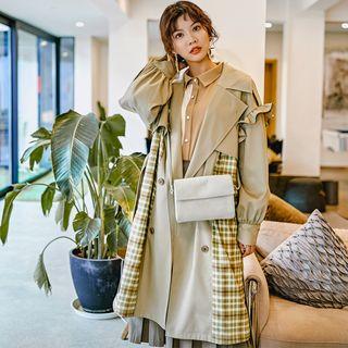 Plaid Paneled Double Breasted Trench Coat