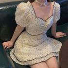 Puff-sleeve Dotted Cropped Blouse / Mini A-line Skirt