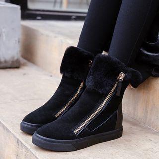 Genuine Leather Fur-trim Ankle Boots