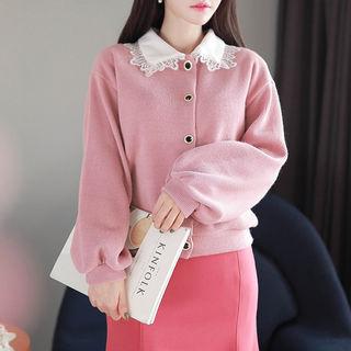 Lace-collar Balloon-sleeve Cardigan