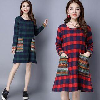 Patterned Panel Plaid Long Sleeve Dress