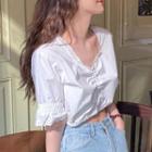 V-neck Cropped Bell-sleeve Chiffon Top White - One Size