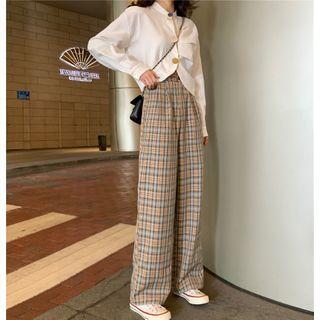 Contrast Button Long-sleeve Cropped Blouse / Plaid Wide-leg Pants