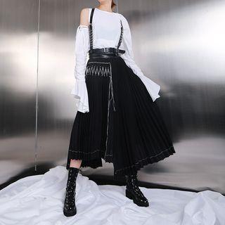 Irregular Hem Contrast Trim Midi Accordion Pleat Skirt