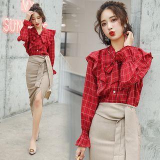 Set: Ruffle-trim Plaid Shirt + Tie-waist Midi Skirt