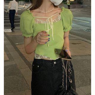 Short-sleeve Ruffle Trim Square-neck Cropped Top