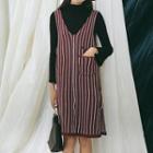 Set: Plain Knit Top + Striped Pinafore Dress